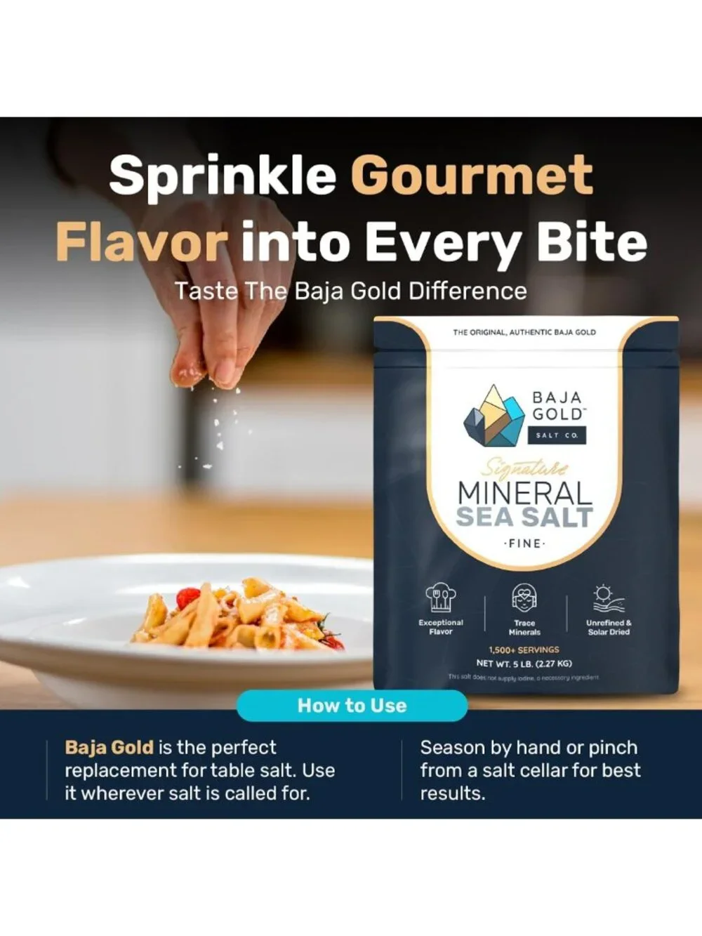 Fine Grind Baja Gold Mineral Sea Salt - 5 lb Bag, Natural Flavor Enhancer